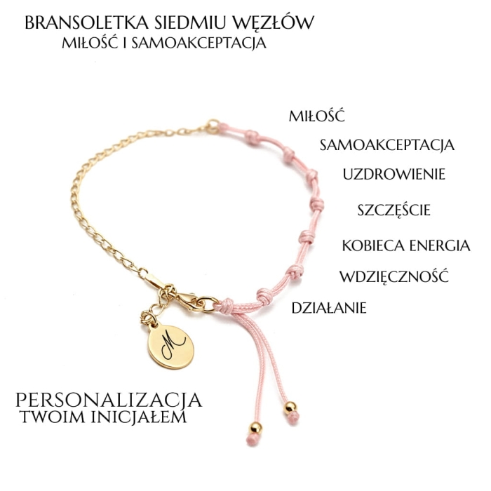 Różowa Bransoletka siedmiu węzłów miłość i akceptacja z grawerowanym inicjałem.jpg
