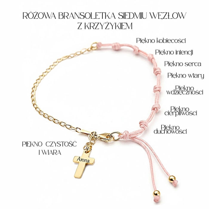 rozowa bransoletka siedmiu wezlow z krzyzykiem piekno czystosc i wiara.JPG
