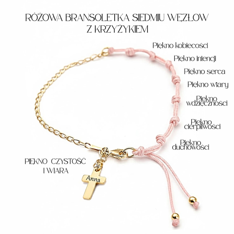 rozowa bransoletka siedmiu wezlow z krzyzykiem piekno czystosc i wiara.JPG
