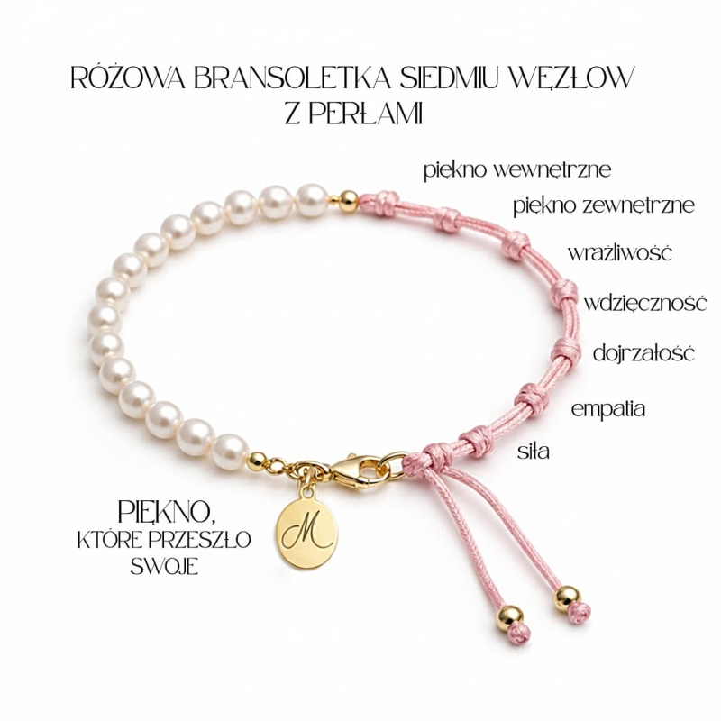 różowa bransoletka siedmiu wezlow z perłami.JPG