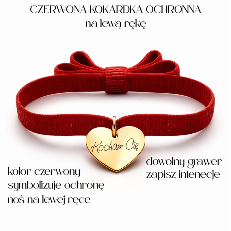 Bransoletka czerwona kokardka ochronna z sercem na lewą rękę z grawerem