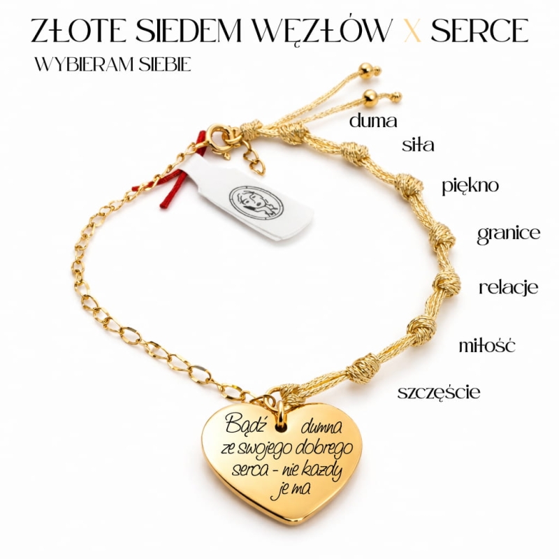 Bransoletka złote Siedem Węzłów z sercem z grawerem Wybieram Siebie