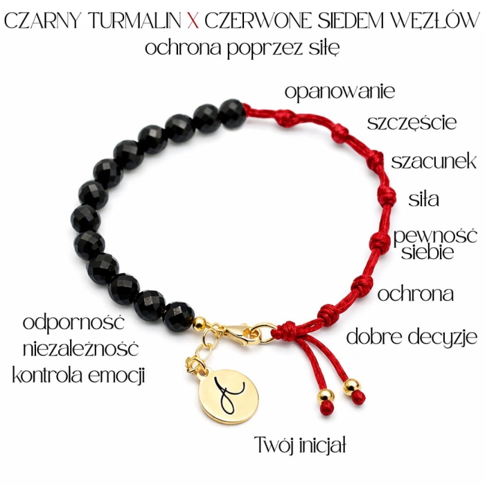 Bransoletka Czarny Turmalin i Czerwone Siedem Węzłów z grawerem