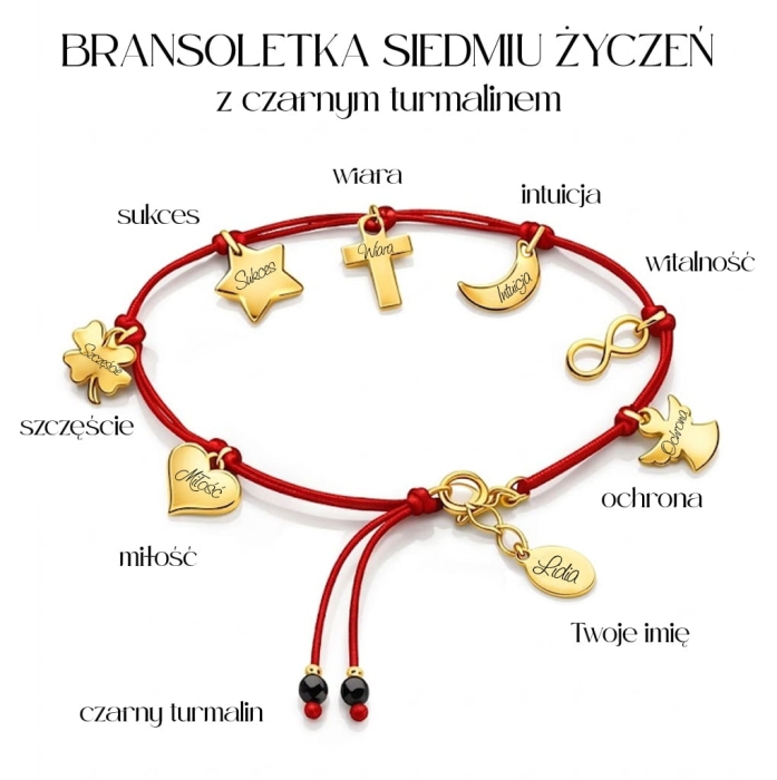 Czerwona bransoletka Siedmiu Życzeń z siedmioma węzłami i grawerem