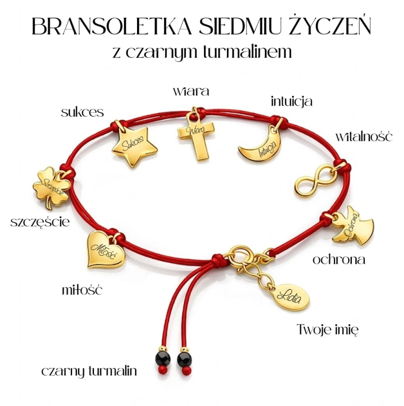Czerwona bransoletka Siedmiu Życzeń z siedmioma węzłami i grawerem