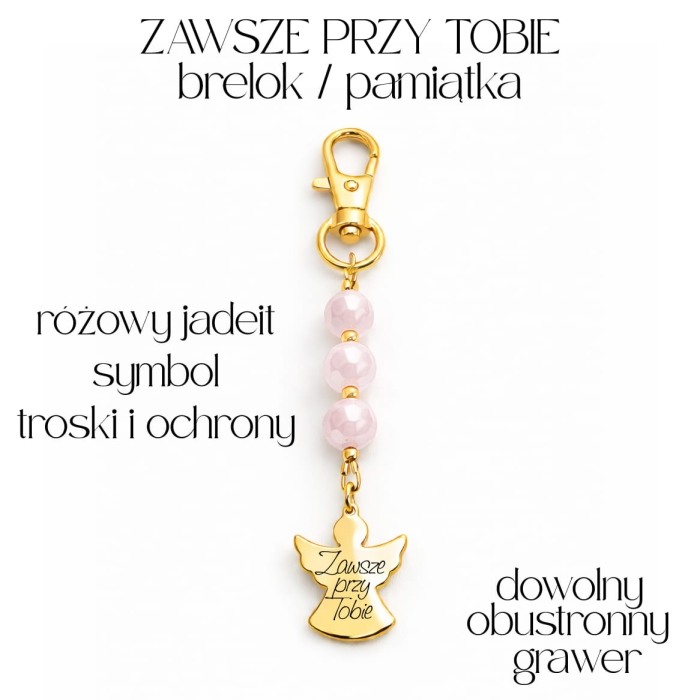 Brelok Anioł Stróż Różowy Jadeit - Talizman Miłości i Troski - Grawer