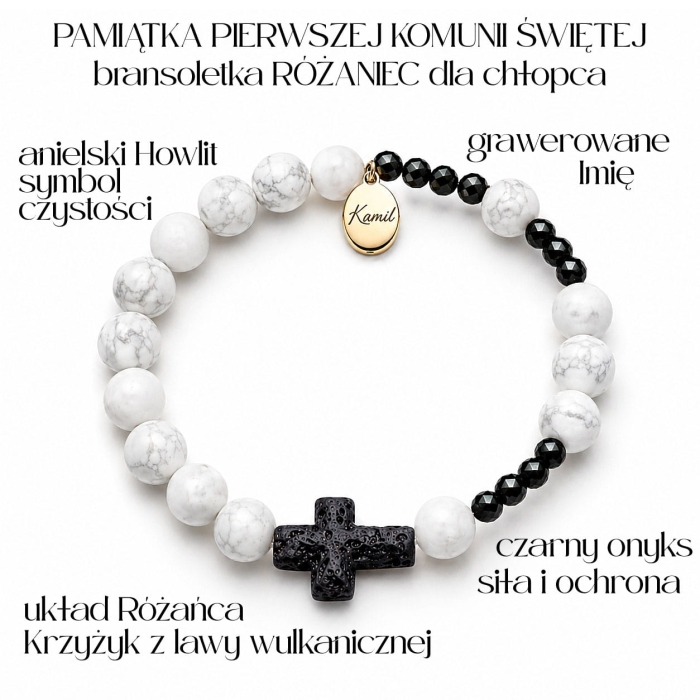 Bransoletka Różaniec Howlit z czarnym onyksem krzyżem i grawerem