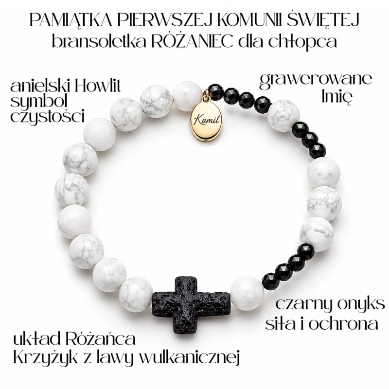 Bransoletka Różaniec Howlit z czarnym onyksem krzyżem i grawerem