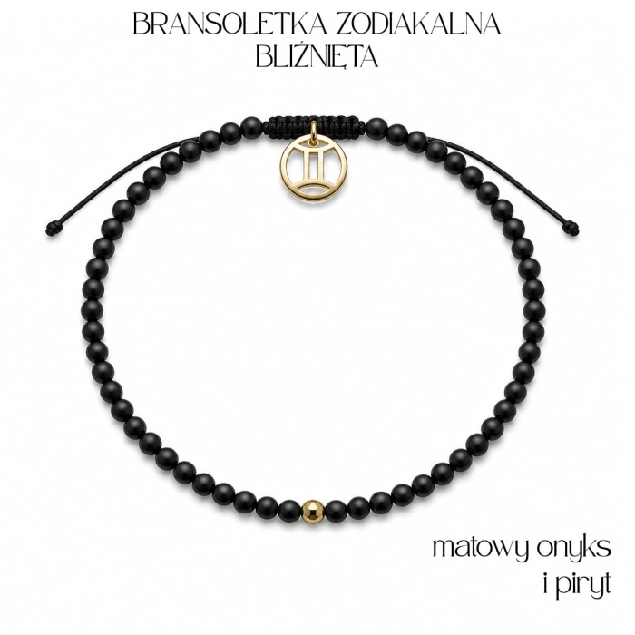 Bransoletka zodiakalna dla Bliźniąt matowy onyks, piryt i zawieszka Bliźniąt