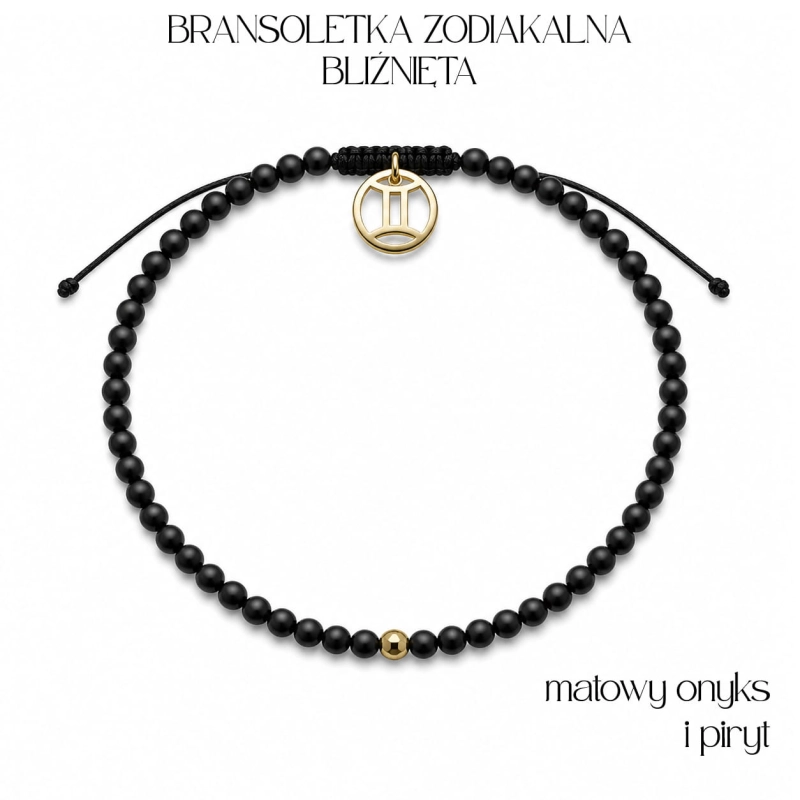 Bransoletka zodiakalna dla Bliźniąt matowy onyks, piryt i zawieszka Bliźniąt