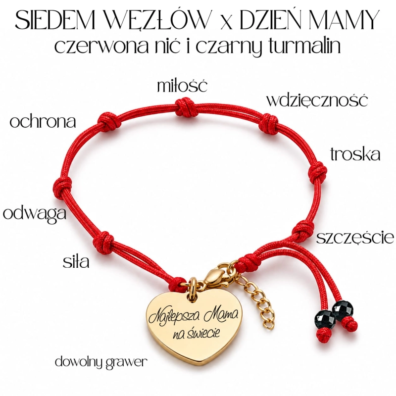 Miłość i ochrona bransoletka Siedem Czerwonych Węzłów z Czarnym Turmalinem