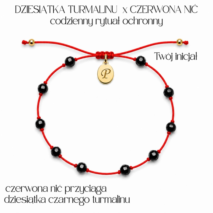 Rytualna Bransoletka Dziesiątka Turmalinu na Czerwonej Nici z grawerem