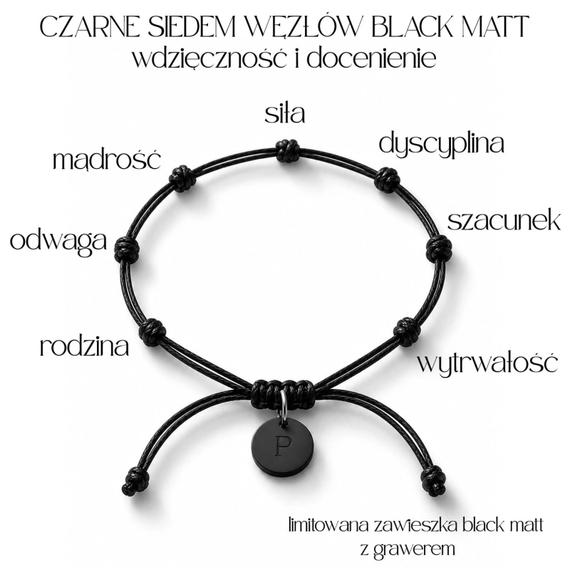 Bransoletka 7 Węzłów Męska Czarna Black Matt z Grawerem